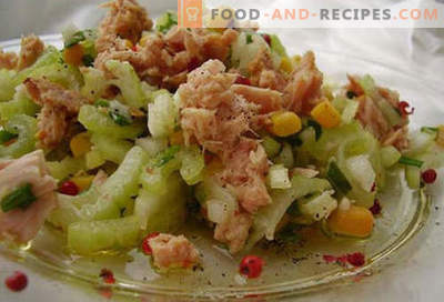 Konservierter Thunfischsalat - Bewährte Rezepte. Wie man einen Salat mit Thunfischkonserven zubereitet.