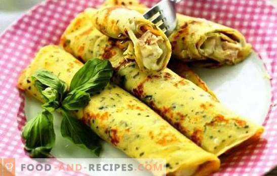 Pfannkuchen mit Käse, Gemüse, Schinken, Hühnchen auf Milch und Kefir. Beliebte Rezepte zum Kochen von Pfannkuchen mit Käse