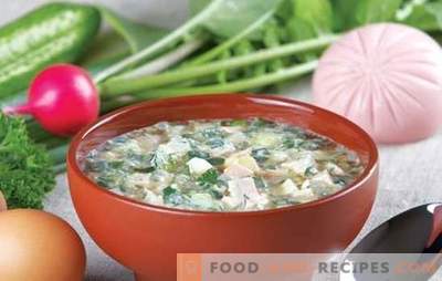 Okroshka-Klassiker mit Wurst auf Kwas: mit Sauerrahm, Kefir, Saft. Einfache Rezepte der klassischen Okroschka mit Wurst auf Kwas