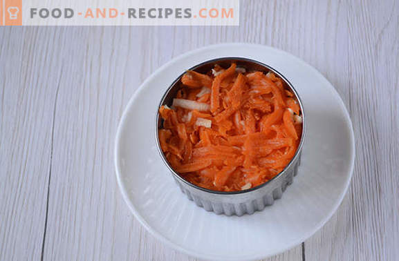 Französischer Salat mit Karotten: portioniert, schön und lecker. Foto-Rezept des Autors aus Schritt-für-Schritt-Kochsalat auf Französisch mit Karotten, Eiern, Äpfeln und Nüssen