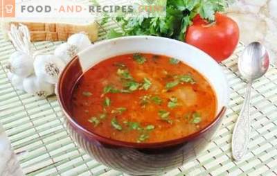 Fastensuppe Kharcho - lecker und ohne Fleisch! Reife aromatisierte magere Suppe Kharcho mit Reis, Tomaten, Adschika, Basilikum, Nüssen