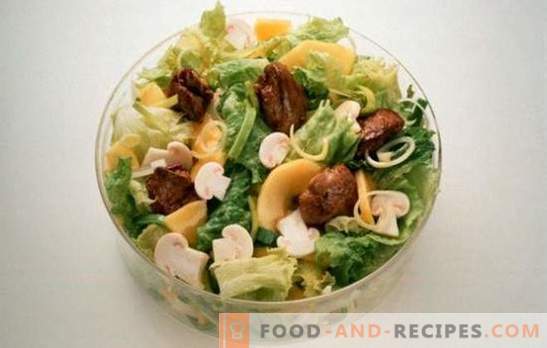 Salat mit Leber und Pilzen: die erfolgreichsten Kochrezepte. Kochen von köstlichen Salaten aus Leber und Pilzen in verschiedenen Variationen