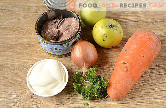 Fischkonserven mit Gemüse und Apfel: schneller Snack. Schritt für Schritt Foto-Rezept des Original-Salats mit Fischkonserven