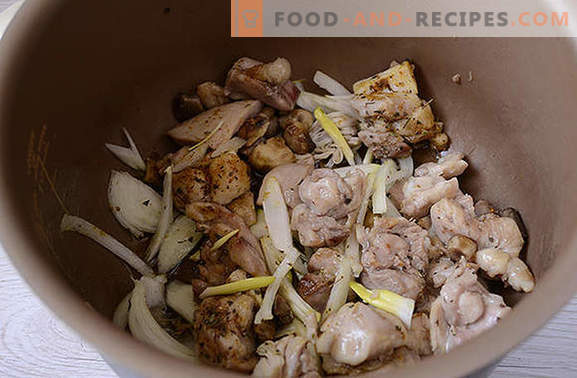 Hühnereintopf mit Pilzen: nahrhaft und duftend! Schritt für Schritt Autorenrezept für schnelles Kochen von Hähnchen mit Pilzen in einem Langsamkocher