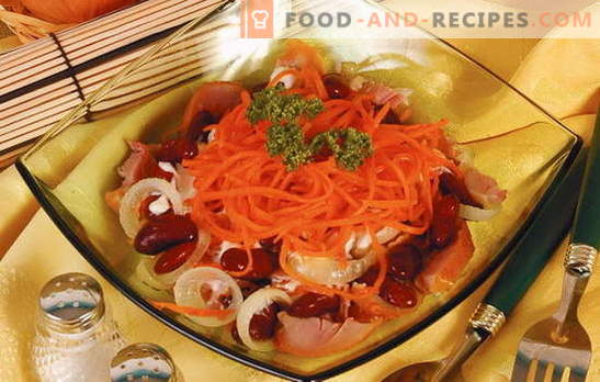 Reichhaltiger und gesunder Bohnensalat mit Karotten, Fleisch, Pilzen und Käse. Die besten Rezepte für Bohnensalat mit Karotten: alltäglich, festlich