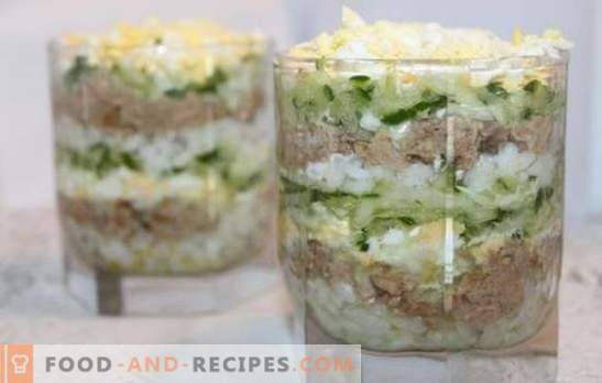 Lebkuchensalat mit Reis - Kochoptionen für einen gesunden Snack. Rezepte für Dorschleber-Salat mit Reis: einfach und aufgeblasen