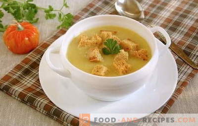Cremesuppe mit Croutons - eine universelle Idee zum Mittagessen! Kartoffelcremesuppe mit Croutons und Gemüse, Pilzen, Hühnchen