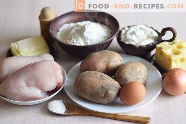 Offene Torte mit Hähnchen und Kartoffeln unter Käsekruste
