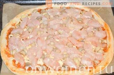 Pizza mit Hähnchen und Pilzen auf Hefeteig