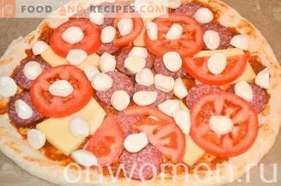 Pizza with salami and mozzarella on yeast dough