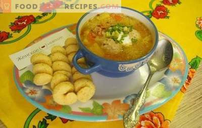 Fotorezept für Suppe mit Fleischbällchen in einem langsamen Kocher: Mittagessen für eine Stunde. Einfache Suppe mit Fleischbällchen und Couscous im Schmortopf: Schritt für Schritt Rezept