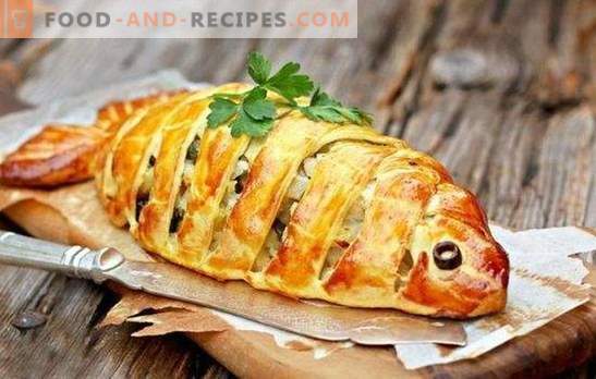 Schneller Fischkuchen - ein Fundstück für vielbeschäftigte Hausfrauen! Schnelle Fischpasteten auf Kefir, Mayonnaise, Sauerrahm, Blätterteig