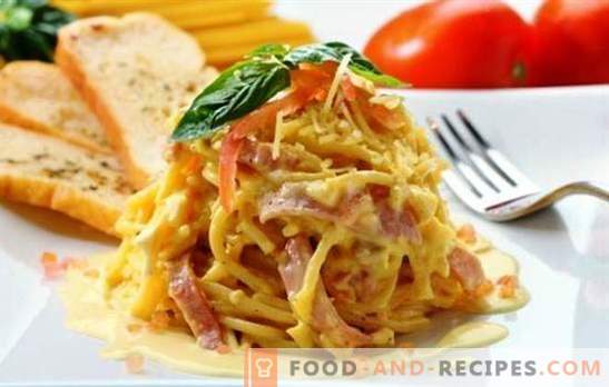 Spaghetti mit Schinken - einfache und komplexe Rezepte, Klassiker und Soße. Und auch eine ungewöhnliche Pastapizza aus Spaghetti mit Schinken