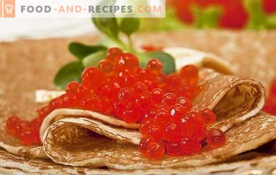Pfannkuchen mit Kaviar - das ist ein Snack! Eine Auswahl der besten Teigrezepte und Optionen für die Füllung von Pfannkuchen mit Kaviar