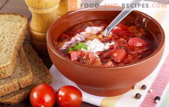 Wie kocht man Suppe? Lehren Sie alle! Kochen Sie Borsch mit Rüben, Sauerkraut und frischem Kohl, Bohnen, Sauerampfer und Sie können mit Sprotte