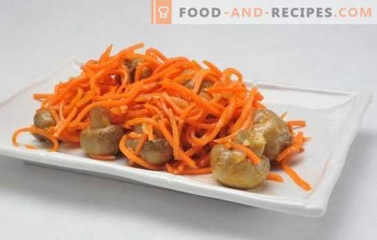 Ein einfaches und komplexes Gericht - ein Salat mit koreanischen Karotten und Pilzen. Salat kochen: koreanische Karotten, Pilze ... was sonst?