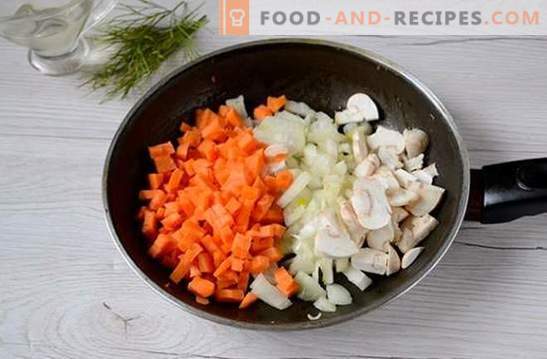 Pilzsuppe mit Hühnchen und Schmelzkäse: eine schöne und gesunde Vorspeise. Fotorezept für Suppe mit Hähnchen und Schmelzkäse: Schritt für Schritt